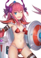 Rule 34 | &gt;:d, 1girl, :d, armor, asymmetrical horns, bad id, bad pixiv id, bikini, bikini armor, black thighhighs, blue eyes, blush, breasts, broadsword, cape, choker, curled horns, dragon tail, earrings, elizabeth bathory (brave) (fate), elizabeth bathory (fate), fang, fate/grand order, fate (series), groin, highres, horns, jewelry, komainu (yamaha1997), long hair, looking at viewer, loose bikini, navel, one eye closed, open mouth, oversized clothes, pauldrons, pink hair, pointy ears, red armor, red bikini, shield, shoulder armor, simple background, small breasts, smile, solo, swimsuit, sword, tail, thighhighs, tiara, uneven horns, v-shaped eyebrows, vambraces, weapon, white background, white cape