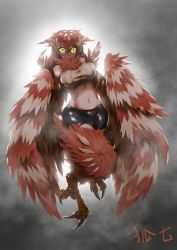 Rule 34 | 1girl, bespectacled, bird legs, breasts, brown feathers, brown hair, chinese commentary, commentary request, feathered wings, feathers, glasses, glowing, glowing eyes, harpy, komorebi fox, komorebi fox, large breasts, midriff, monster girl, monster girl encyclopedia, multicolored hair, neck ruff, owl mage (monster girl encyclopedia), round eyewear, solo, talons, taut clothes, two-tone hair, white feathers, white hair, winged arms, wings, yellow eyes