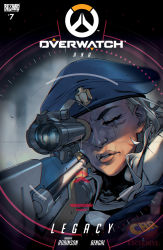 Rule 34 | 1girl, aged down, aiming, ana (overwatch), artist name, bengal, beret, blizzard (company), captain amari, character name, closed eyes, copyright name, cover, crosshair, dark-skinned female, dark skin, emblem, face, facial mark, facial tattoo, gun, hat, highres, holding, holding gun, holding weapon, lips, logo, long hair, military, military uniform, nose, official alternate costume, official art, overwatch, overwatch 1, parted lips, rifle, scope, sniper rifle, solo, tattoo, uniform, watermark, weapon, white hair