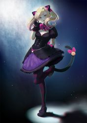 Rule 34 | 1girl, :o, animal ears, argyle, argyle clothes, argyle legwear, artist name, beads, bell, black cat d.va, black dress, black gloves, blonde hair, blush, bow, breasts, cat ears, cleavage, commentary, corset, d.va (overwatch), dress, fang, full body, gloves, hand up, heart, high heels, jewelry, jingle bell, konoumin, leg up, light particles, lolita fashion, looking at viewer, official alternate costume, open mouth, overwatch, overwatch 1, pantyhose, pink bow, puffy short sleeves, puffy sleeves, purple skirt, shadow, short sleeves, skirt, solo, spotlight, standing, tail, tail bell, tail ornament, twintails, yellow eyes