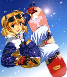 Rule 34 | 1girl, :d, blonde hair, blue eyes, blush, breath, chrno crusade, dutch angle, eyewear on head, gloves, hair ribbon, jacket, jumping, lens flare, moriyama daisuke, official art, official wallpaper, open mouth, outdoors, ribbon, rosette christopher, short hair, short twintails, sky, smile, snow, snowboard, solo, sunglasses, twintails, wallpaper