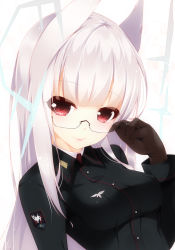 Rule 34 | 1girl, adjusting eyewear, animal ears, bad id, bad pixiv id, blush, breasts, glasses, gloves, head wings, heidimarie w. schnaufer, highres, hirschgeweih antennas, lips, long hair, looking at viewer, military, military uniform, red eyes, shokuyou mogura, smile, solo, strike witches, uniform, white hair, wings, world witches series