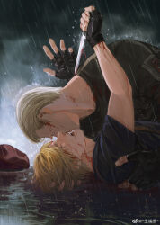 Rule 34 | 2boys, absurdres, beret, black gloves, black shirt, blonde hair, blood, blood on clothes, blood on face, bloody knife, bloody weapon, brown hair, closed eyes, couple, fingerless gloves, gloves, godsstation, hat, highres, holding, holding knife, holding weapon, jack krauser, knife, leon s. kennedy, male focus, multiple boys, open mouth, outdoors, rain, resident evil, resident evil 4, resident evil 4 (remake), shirt, short hair, water drop, weapon, weibo username, wet, wet face, wet hair, yaoi