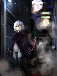 Rule 34 | 1girl, bandaged arm, bandages, black coat, black gloves, black panties, black thighhighs, blood, blood on clothes, brick wall, clock, clock tower, coat, cowboy shot, dagger, facial scar, fate/grand order, fate (series), finger to mouth, fog, full moon, gloves, gluteal fold, highres, holding, holding knife, jack the ripper (fate/apocrypha), knife, kuro yanagi, lamppost, lantern, looking at viewer, lowleg, lowleg panties, moon, night, open clothes, outdoors, panties, scar, scar across eye, scar on cheek, scar on face, short hair, solo, standing, thighhighs, tower, underwear, wall, weapon, white hair