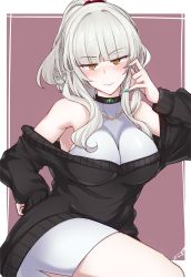 Rule 34 | 1girl, black sweater, blunt bangs, blush, border, breasts, carmilla (fate), commentary request, dress, fate/grand order, fate (series), fingernails, fue (rhomphair), green nails, grey dress, hand on own hip, highres, large breasts, light smile, long hair, nail polish, off-shoulder sweater, off shoulder, sharp fingernails, short dress, silver hair, sleeveless, sleeveless dress, solo, sweater, white border, yellow eyes