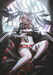 Rule 34 | 1girl, bare shoulders, belt, belt buckle, black collar, black footwear, black shirt, black shorts, black socks, blouse, buckle, can, collar, dive to zone, eyepatch, fingernails, grey hair, hair ornament, hairclip, headphones, headphones around neck, highres, holding, holding can, indoors, long hair, original, parted lips, red belt, red eyes, reoen, shirt, shoes, short shorts, shorts, sitting, smile, sneakers, socks, solo, spiked collar, spikes, stomach, thigh strap, thighs, twintails, window, zipper pull tab, zonko