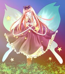Rule 34 | 1girl, bow, capelet, closed eyes, dress, facing viewer, fairy wings, fingernails, gradient background, grass, hair bow, head tilt, highres, long hair, nyago, open hands, open mouth, outdoors, pink hair, solo, star (symbol), star sapphire, touhou, wings