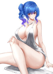 Rule 34 | 1girl, absurdres, azur lane, bare shoulders, blue hair, blush, breasts, cleavage, collarbone, dress, hair ornament, hairclip, highres, huge breasts, jewelry, long hair, looking at viewer, necklace, official alternate costume, plunging neckline, purple eyes, side ponytail, sidelocks, silver dress, solo, st. louis (azur lane), st. louis (luxurious wheels) (azur lane), thighs, unique (pixiv12704744)