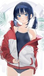 Rule 34 | 1girl, blue eyes, blue hair, blue one-piece swimsuit, expressionless, hair ornament, highres, jacket, long sleeves, mashiro kta, one-piece swimsuit, open clothes, open jacket, original, red jacket, solo, swimsuit, thighs, track jacket, zipping