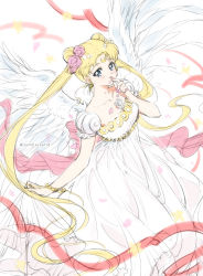 Rule 34 | 1girl, angel wings, back bow, bishoujo senshi sailor moon, blonde hair, blue eyes, bow, bracelet, collarbone, commentary, crescent, crescent facial mark, double bun, dress, english commentary, facial mark, feathered wings, floating hair, flower, forehead mark, hair flower, hair ornament, jewelry, kaze-hime, long dress, long hair, looking at viewer, petals, pink flower, pink rose, princess serenity, puffy short sleeves, puffy sleeves, rose, short sleeves, sketch, skirt hold, solo, tsukino usagi, twintails, twitter username, very long hair, white dress, white wings, wings