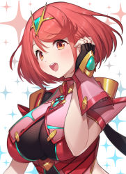 Rule 34 | 1girl, :d, absurdres, black gloves, blush, breasts, chest jewel, dot nose, earrings, fingerless gloves, gem, gloves, green322, headpiece, highres, jewelry, large breasts, open mouth, pyra (xenoblade), red eyes, red hair, short hair, smile, solo, swept bangs, teeth, tiara, upper body, upper teeth only, xenoblade chronicles (series), xenoblade chronicles 2