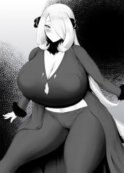 Rule 34 | 1girl, blush, breasts, cameltoe, cleavage, closed mouth, coat, contrapposto, covered erect nipples, creatures (company), cynthia (pokemon), fur collar, fur trim, furrowed brow, game freak, greyscale, hair ornament, hair over one eye, half-closed eyes, huge breasts, impossible clothes, kurotama, long hair, long sleeves, looking at viewer, monochrome, nintendo, open hand, pants, pokemon, pokemon dppt, shirt, smile, solo, very long hair, zipper pull tab