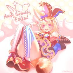 Rule 34 | 1girl, ahoge, animal ears, applefootcz, asymmetrical legwear, blonde hair, breasts, cake, character name, convenient leg, detached sleeves, food, fox ears, fox tail, full body, gloves, hair ornament, happy birthday, hat, highres, hololive, icing, jester cap, knees up, looking at viewer, lying, medium breasts, messy hair, mismatched legwear, multicolored hair, multicolored nails, nail polish, omaru polka, omaru polka (1st costume), on back, pink eyes, reclining, red gloves, showgirl skirt, smile, solo, streaked hair, striped clothes, striped thighhighs, tail, thighhighs, thighs, twitter username, v, vertical-striped clothes, vertical-striped thighhighs, virtual youtuber, wrist cuffs, x hair ornament