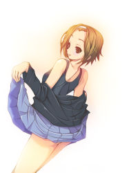 Rule 34 | 1girl, bad id, bad pixiv id, brown eyes, brown hair, from behind, k-on!, koflif, looking back, one-piece swimsuit, school swimsuit, school uniform, solo, swimsuit, swimsuit under clothes, tainaka ritsu, undressing