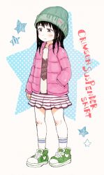Rule 34 | 1girl, beanie, black hair, blush, brown eyes, closed mouth, clothes writing, commentary request, down jacket, english text, full body, gomennasai, green footwear, green hat, hand in pocket, hat, heart, jacket, long sleeves, looking away, open clothes, open jacket, original, pink jacket, pleated skirt, polka dot, shirt, shoes, skirt, socks, solo, standing, star (symbol), striped clothes, striped skirt, white socks, yellow shirt