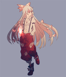 Rule 34 | 1girl, bad id, bad pixiv id, bow, dress shirt, female focus, fire, fujiwara no mokou, full body, hair bow, hands in pockets, long hair, pants, red eyes, shirt, simple background, solo, sumi (pixiv619693), suspenders, touhou, very long hair, white hair