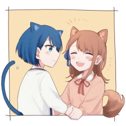 Rule 34 | 2girls, animal ears, blue eyes, blue hair, blue ribbon, blush, border, brown hair, cardigan, cat ears, cat girl, cat tail, closed eyes, closed mouth, collared shirt, commentary request, cropped torso, dog ears, dog girl, dog tail, hair ribbon, hanasato minori, holding hands, kemonomimi mode, kiritani haruka, long hair, long sleeves, looking at another, multiple girls, neck ribbon, open mouth, outside border, pink sweater, project sekai, red ribbon, ribbon, shirt, short hair, single sidelock, sweater, tail, teeth, translation request, upper body, upper teeth only, white border, white cardigan, yarou (0tyaro)