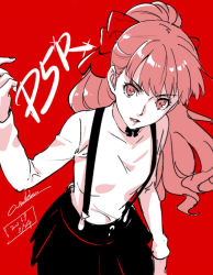 Rule 34 | 1girl, black skirt, bow, bowtie, long hair, monochrome, persona, persona 5, persona 5 the royal, ponytail, red background, red eyes, red hair, shirt, signature, skirt, solo, suspenders, werkbau, white shirt, writing, yoshizawa kasumi