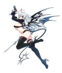 Rule 34 | 1girl, absurdres, ahoge, ass, black thighhighs, blue eyes, boots, breasts, closers, demon girl, demon tail, dual wielding, eyepatch, full body, grin, gun, handgun, high heel boots, high heels, highres, holding, horns, large breasts, leg up, long hair, looking at viewer, midriff, nail polish, official art, short shorts, shorts, sideboob, silver hair, single horn, smile, solo, sword, tail, thigh strap, thighhighs, transparent background, trigger discipline, underboob, very long hair, weapon, wings, yuri seo