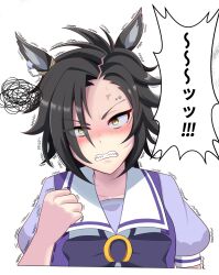 Rule 34 | 1girl, air shakur (umamusume), anger vein, angry, animal ears, black hair, bow, bowtie, clenched hand, eyebrow piercing, highres, horse ears, horse girl, horseshoe ornament, long hair, looking at viewer, missan sun, piercing, puffy short sleeves, puffy sleeves, purple bow, purple bowtie, purple serafuku, purple shirt, sailor collar, sailor shirt, school uniform, serafuku, shirt, short sleeves, simple background, solo, tracen school uniform, umamusume, upper body, white background, yellow eyes