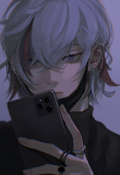 Rule 34 | 1boy, absurdres, black sweater, blurry, cellphone, chromatic aberration, closed mouth, ear piercing, earrings, eyelashes, facing viewer, fuwa minato, grey background, hair between eyes, hair over eyes, highres, holding, holding phone, jewelry, kan no juusu, looking at object, looking at phone, looking down, mask, mismatched earrings, mouth mask, multicolored hair, muted color, nijisanji, phone, piercing, pink hair, purple eyes, purple hair, ring, silver hair, simple background, smartphone, solo, spikes, sweater, turtleneck, turtleneck sweater, upper body, virtual youtuber