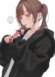 Rule 34 | ..., 1girl, absurdres, barbell piercing, black jacket, blush, brown hair, candy, chocolate, chocolate bar, daluto (hitomi555), ear piercing, food, highres, hood, hood down, hooded jacket, industrial piercing, jacket, looking to the side, mole, mole under eye, multicolored hair, open clothes, open jacket, original, parted lips, piercing, pink eyes, pink hair, simple background, sleeves past wrists, solo, spoken ellipsis, twintails, two-tone hair, upper body, white background