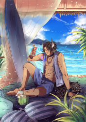 Rule 34 | 15death, 1boy, abs, absurdres, animal ears, arknights, artist name, barefoot, beach, blue sky, brown hair, commentary, cow ears, day, drink, drinking straw, english commentary, flower, food, fruit, highres, holding, holding drink, horns, jewelry, lemon, lemon slice, long hair, matterhorn (arknights), necklace, ocean, open clothes, open shirt, outdoors, piercing, scar, scar on arm, sitting, sky, solo, surfboard, toned, toned male, watermark, wristband