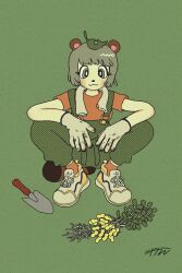 Rule 34 | 1girl, :3, animal ears, animal nose, arms on knees, blush, bob cut, closed mouth, dirty, dirty clothes, gardening, gloves, green background, green overalls, grey eyes, grey footwear, grey gloves, grey hair, halftone, highres, looking at viewer, mode aim, orange socks, peanut, plant, plant roots, ponpoko (vtuber), raccoon ears, raccoon girl, raccoon tail, shoes, signature, simple background, smile, sneakers, socks, solo, squatting, tail, towel, towel around neck, trowel, uyakan, virtual youtuber, work gloves