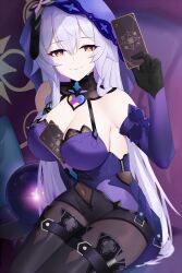 Rule 34 | 1girl, bare shoulders, black gloves, black pantyhose, black shorts, black swan (honkai: star rail), breasts, card, cleavage, commentary request, covered navel, elbow gloves, gloves, highres, holding, holding card, honkai: star rail, honkai (series), large breasts, long hair, looking at viewer, pantyhose, purple hair, short shorts, shorts, sitting, smile, solo, thighs, veil, very long hair, yellow eyes, zerotwenty (020)