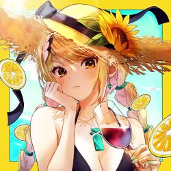 Rule 34 | 1girl, alcohol, alternate costume, breasts, cleavage, cup, drinking glass, hat, medium breasts, mythra (xenoblade), ponfu y, solo, sun hat, wine, wine glass, xenoblade chronicles (series), xenoblade chronicles 2, yellow eyes