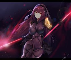 Rule 34 | 1girl, armor, bodysuit, breasts, covered navel, fate/grand order, fate (series), glowing, hair ornament, hews, large breasts, letterboxed, long hair, looking at viewer, pauldrons, polearm, purple bodysuit, purple hair, red eyes, scathach (fate), scathach (fate), shoulder armor, solo, spear, very long hair, weapon