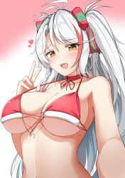 Rule 34 | 1girl, :d, absurdres, azur lane, breasts, calligraphy brush (medium), choker, heart, highres, large breasts, long hair, looking at viewer, moyoron, multicolored hair, open mouth, orange hair, pen, prinz eugen (azur lane), red choker, red hair, selfie, silver hair, smile, solo, strap gap, streaked hair, twintails, two-tone hair, upper body, v