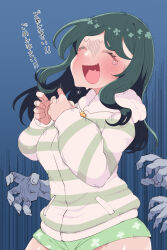 Rule 34 | 1girl, :o, blue background, closed eyes, clover print, disembodied hand, green hair, green shorts, hands up, highres, indie virtual youtuber, long hair, long sleeves, shirt, short shorts, shorts, standing, striped clothes, striped shirt, sumi suya, sunao na kapipara, tearing up, virtual youtuber