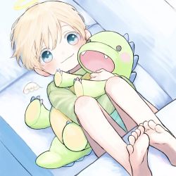 Rule 34 | 1boy, angel, barefoot, blonde hair, blue eyes, blush, child, couch, detached wings, feet, halo, highres, looking at viewer, lying, male focus, mini wings, hugging object, on couch, original, short hair, smile, soles, solo, stuffed dinosaur, stuffed toy, toes, wings, wrmg hmhm
