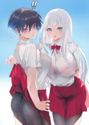 Rule 34 | !, !!, 2girls, :d, ass, bad id, bad pixiv id, black hair, blue eyes, blue hair, blush, bow, breasts, clothes lift, collared shirt, commentary request, dress shirt, earrings, grey pantyhose, groin, hair between eyes, highres, jewelry, large breasts, leaning forward, lifting another&#039;s clothes, lipstick mark, long hair, medium breasts, multicolored hair, multiple girls, noto kurumi, open mouth, original, panties, panties under pantyhose, pantyhose, parted lips, pleated skirt, red bow, red eyes, red skirt, shirt, skirt, skirt lift, smile, streaked hair, sweat, underwear, v-shaped eyebrows, very long hair, white hair, white panties, white shirt, yuri