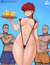 Rule 34 | 1girl, 2boys, alcohol, areola slip, artist name, bdsm, beer, beer mug, black eyes, black one-piece swimsuit, braid, breasts, breasts apart, clenched teeth, collar, cowboy shot, cup, donburi (donburikazoku), faceless, faceless male, female pubic hair, genderswap, genderswap (mtf), highres, large breasts, long hair, mug, multiple boys, navel, one-piece swimsuit, patreon username, pubic hair, pubic hair peek, ranma 1/2, red hair, red pubic hair, revealing clothes, saotome ranma, signature, single braid, slave, slingshot swimsuit, solo focus, swimsuit, teeth, thighs, tray