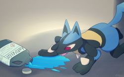 Rule 34 | 1boy, all fours, animal ears, animal hands, antifreeze, artist name, black fur, blue fur, body fur, boke-chan, bottle, brown background, creatures (company), english text, furry, furry male, game freak, gen 4 pokemon, licking, lucario, male focus, multicolored fur, nintendo, pokemon, pokemon (creature), puddle, red eyes, signature, simple background, snout, solo, spikes, tail, tongue, tongue out, twitter username, wolf boy, wolf ears, wolf tail, yellow fur