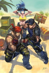 Rule 34 | 1girl, 2boys, armlet, bandana, bare shoulders, baseball cap, black hair, blonde hair, blue eyes, blue hair, breasts, camouflage, camouflage pants, clark still, desert, dog tags, dynamite, earrings, explosive, fingerless gloves, gloves, hat, highres, ikari warriors, jewelry, kujou non, leona heidern, military, military uniform, multicolored clothes, multicolored shirt, multiple boys, muscular, muscular male, palm tree, pants, ralf jones, shirt, shoes, sign, signature, sleeveless, snk, stage, sunglasses, tank top, the king of fighters, the king of fighters xv, treasure chest, tree, uniform, white shirt, wooden box, yellow tank top