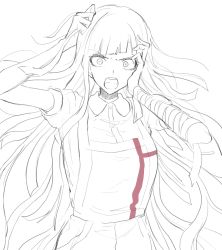 Rule 34 | 1girl, apron, bandaged arm, bandages, blunt bangs, collared shirt, commentary request, cowboy shot, danganronpa (series), danganronpa 2: goodbye despair, dress shirt, greyscale, hands up, highres, iumi urura, long hair, looking at viewer, messy hair, monochrome, nurse, open mouth, shirt, short sleeves, simple background, skirt, solo, teeth, tsumiki mikan, upper body, upper teeth only, white background