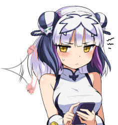 Rule 34 | 1girl, blush, breasts, censored, haku (p&amp;d), mosaic censoring, purple hair, puzzle &amp; dragons, simple background, solo, white background, yellow eyes, zaxwu