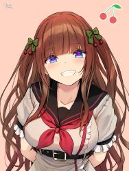 Rule 34 | .live, 1girl, arms behind back, artist name, belt, black belt, black sailor collar, blue eyes, blunt bangs, blush, bow, breasts, brown hair, cherry hair ornament, collarbone, commentary request, food-themed hair ornament, frills, green bow, hair ornament, highres, kakyouin chieri, large breasts, long hair, looking at viewer, neckerchief, oekakizuki, open mouth, pink background, puffy short sleeves, puffy sleeves, red neckerchief, sailor collar, school uniform, serafuku, short sleeves, simple background, smile, solo, symbol-shaped pupils, twintails, two side up, upper body, virtual youtuber