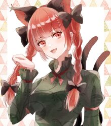 Rule 34 | 1girl, :d, animal ears, aridamikannn, black bow, bow, cat day, cat ears, cat tail, dress, extra ears, fangs, floral print, green dress, highres, kaenbyou rin, multiple tails, open mouth, paw pose, red eyes, red hair, smile, solo, tail, touhou, two tails