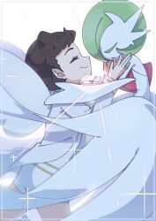 Rule 34 | 1girl, ^ ^, braid, brown hair, closed eyes, closed mouth, coat, commentary, creatures (company), crown braid, diantha (pokemon), from side, game freak, gardevoir, gen 3 pokemon, highres, jewelry, jumpsuit, long sleeves, mega gardevoir, mega pokemon, mega stone, necklace, nintendo, omochi (omotimotittona3), pokemon, pokemon (creature), pokemon xy, short jumpsuit, sideways mouth, smile, symbol-only commentary, white coat, white jumpsuit