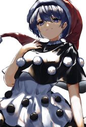 Rule 34 | 1girl, absurdres, black dress, blue hair, breasts, closed mouth, dark blue hair, doremy sweet, dress, fingernails, grey dress, hair between eyes, hand on own chest, hand up, hat, highres, looking at viewer, medium breasts, pocche-ex, pom pom (clothes), purple eyes, red hat, short hair, short sleeves, simple background, smile, solo, standing, touhou, white background