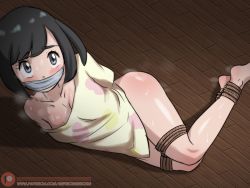 Rule 34 | 1girl, arms behind back, black hair, blush, bottomless, bound, bound ankles, bound legs, breasts, collarbone, creatures (company), eyelashes, gag, gagged, game freak, improvised gag, lying, meteorreb0rn, nintendo, on side, patreon logo, patreon username, pokemon, pokemon sm, restrained, rope, selene (pokemon), shiny skin, short hair, small breasts, solo, steam, sweat, swept bangs, tape, tape gag, thighs, watermark, web address, wooden floor