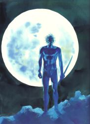 Rule 34 | absurdres, blue theme, full moon, fundoshi, highres, holding, inoue takehiko, japanese clothes, katana, long hair, looking at viewer, male focus, miyamoto musashi, monochrome, moon, moonlight, night, no pants, ponytail, sabre, simple background, sky, standing, sword, topless male, uneven ground, vagabond, weapon