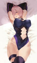 Rule 34 | 1girl, armpits, clothing cutout, elbow gloves, fate/grand order, fate (series), gloves, hair over one eye, highres, lying, mash kyrielight, navel, navel cutout, pink hair, purple eyes, solo, thigh strap, thighhighs, tokopi