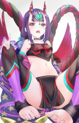 Rule 34 | 1girl, absurdres, barefoot, black sleeves, chinese clothes, choker, collarbone, crop top, detached sleeves, dudou, fangs, fate/grand order, fate (series), hair ornament, hand on own knee, highres, horns, index finger raised, leggings, looking at viewer, makeup, midriff, navel, open mouth, purple hair, short hair, shuten douji (fate), shuten douji (fate/grand order), shuten douji (halloween caster) (fate), sitting, solo, stomach, toratora (nanahaba)