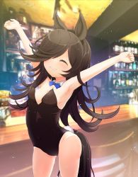 Rule 34 | 1girl, absurdres, animal ears, arms up, bar (place), bare legs, black hair, blurry, blurry background, breasts, cleavage, closed eyes, commentary request, hair over one eye, highres, horse ears, horse girl, horse tail, leotard, mellpon, nontraditional playboy bunny, playboy bunny, rice shower (umamusume), small breasts, solo, tail, umamusume