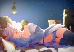Rule 34 | 10s, 1girl, animal ears, bare shoulders, bed sheet, book, bow, bow panties, collarbone, eyebrows, eyelashes, final fantasy, final fantasy xiv, lace, lace-trimmed panties, lace trim, lamp, lili mdoki, lips, lying, miqo&#039;te, on side, one eye closed, pajamas, panties, pillow, red eyes, solo, stuffed animal, stuffed toy, teddy bear, thighhighs, underwear, warrior of light (ff14), white hair